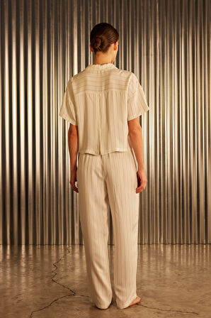 Kadın Çizgili Dokuma Kısa Kollu Gömlek