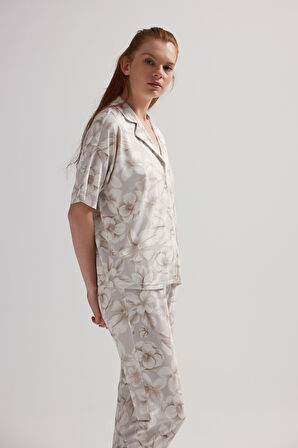 Kadın Viskon Kısa Kollu Gömlek Pijama Üstü