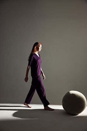 Kadın Viskon Kısa Kollu V Yaka Uzun Pijama Takımı