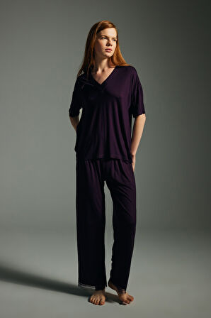 Kadın Viskon Kısa Kollu V Yaka Uzun Pijama Takımı