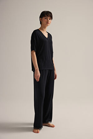 Kadın Viskon Kısa Kollu V Yaka Uzun Pijama Takımı
