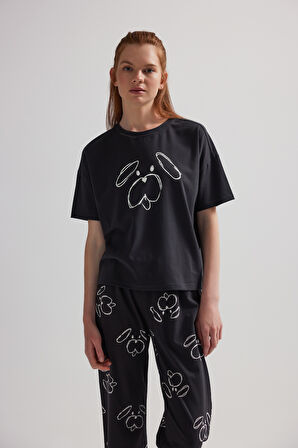 Kadın Pamuklu Kısa Kollu Kapri Pijama Takımı