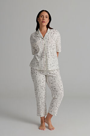 Kadın Plus Size Pamuklu Kısa Kollu Gömlek Uzun Pijama Takımı