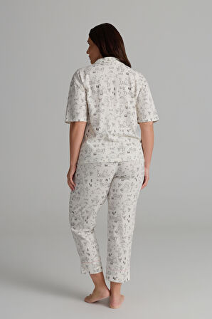 Kadın Plus Size Pamuklu Kısa Kollu Gömlek Uzun Pijama Takımı
