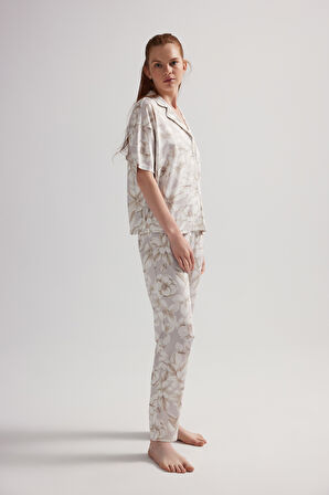 Kadın Viskon Kısa Kollu Gömlek Uzun Pijama Takımı