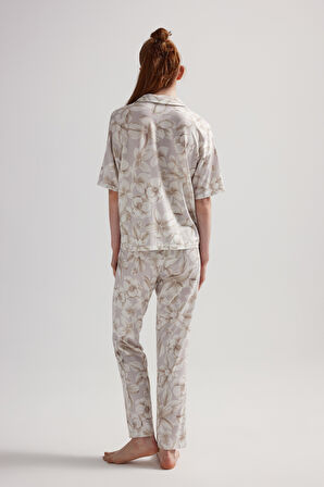 Kadın Viskon Kısa Kollu Gömlek Uzun Pijama Takımı