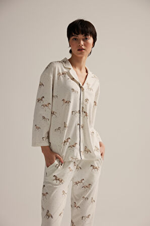 Kadın Pamuklu Uzun Kollu Gömlek Pijama Üstü
