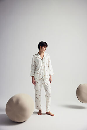 Kadın Pamuklu Uzun Kollu Gömlek Pijama Takımı