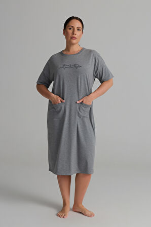 Kadın Plus Size Pamuklu Uzun Kollu Gecelik