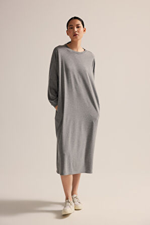 Kadın Pamuklu Uzun Kollu Cepli Yırtmaç Detaylı Gecelik