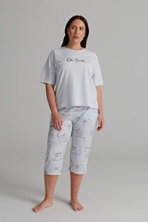Kadın Plus Size Pamuklu Kısa Kollu Kapri Pijama Takımı