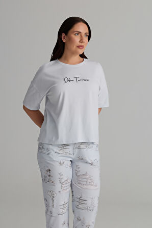 Kadın Plus Size Pamuklu Kısa Kollu Kapri Pijama Takımı