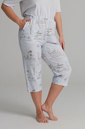 Kadın Plus Size Pamuklu Kısa Kollu Kapri Pijama Takımı