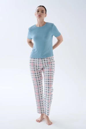 Kadın Pamuklu Kısa Kollu Uzun Pijama Takımı