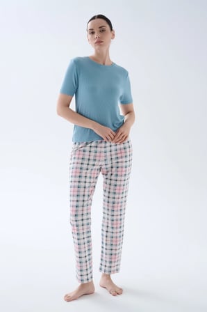 Kadın Pamuklu Kısa Kollu Uzun Pijama Takımı