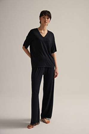 Kadın Viskon Dantel Detaylı Uzun Pijama Altı