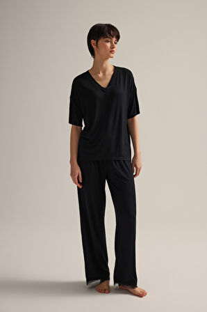 Kadın Viskon Dantel Detaylı Uzun Pijama Altı