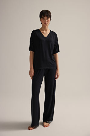 Kadın Viskon Kısa Kollu V Yaka Uzun Pijama Takımı