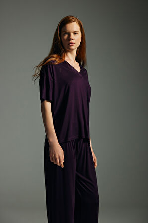 Kadın Viskon Kısa Kollu V Yaka Pijama Üstü