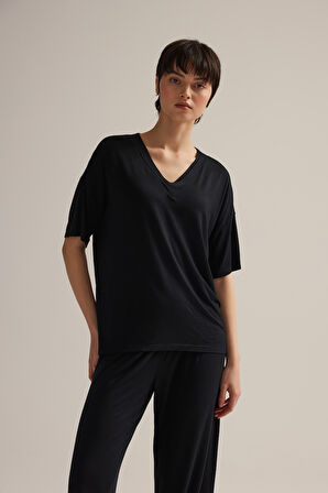 Kadın Viskon Kısa Kollu V Yaka Pijama Üstü