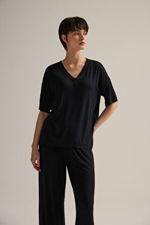 Kadın Viskon Kısa Kollu V Yaka Pijama Üstü