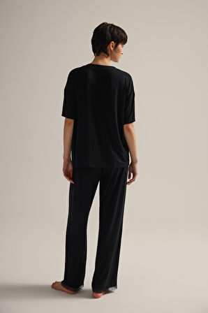 Kadın Viskon Kısa Kollu V Yaka Pijama Üstü