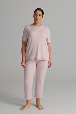 Kadın Plus Size Pamuklu Örme Kısa Kollu T-shirt Pantolon Takım