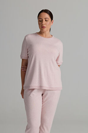 Kadın Plus Size Pamuklu Örme Kısa Kollu T-shirt Pantolon Takım