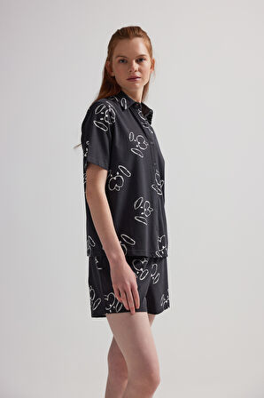 Kadın Pamuklu Kısa Kollu Gömlek Şortlu Pijama Takımı