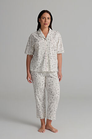 Kadın Plus Size Pamuklu Kısa Kollu Gömlek Uzun Pijama Takımı