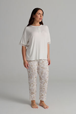 Kadın Plus Size Viskon Kısa Kollu Uzun Pijama Takımı