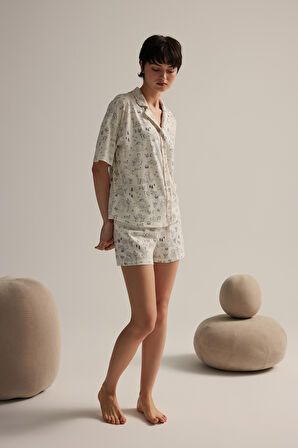 Kadın Pamuklu Kısa Kollu Gömlek Şortlu Pijama Takımı