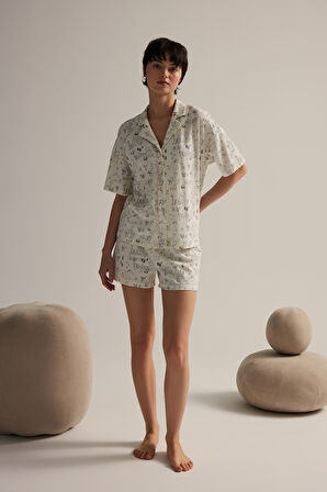 Kadın Pamuklu Kısa Kollu Gömlek Şortlu Pijama Takımı