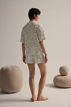 Kadın Pamuklu Kısa Kollu Gömlek Şortlu Pijama Takımı
