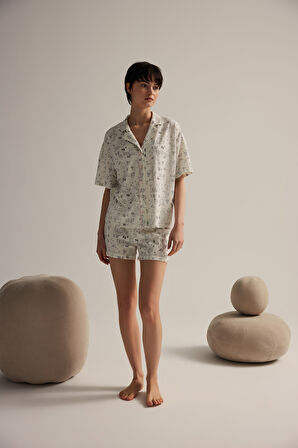 Kadın Pamuklu Kısa Kollu Gömlek Şortlu Pijama Takımı