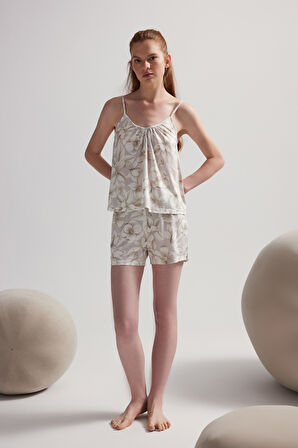 Kadın Viskon İp Askılı V Yaka Atlet Şortlu Pijama Takımı