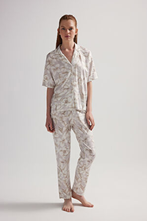 Kadın Viskon Kısa Kollu Gömlek Pijama Üstü