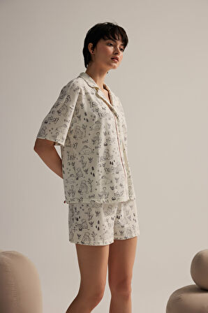 Kadın Pamuklu Kısa Kollu Gömlek Pijama Üstü