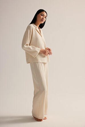 Kadın Dokuma Uzun Kollu Gömlek Pantolon Takım