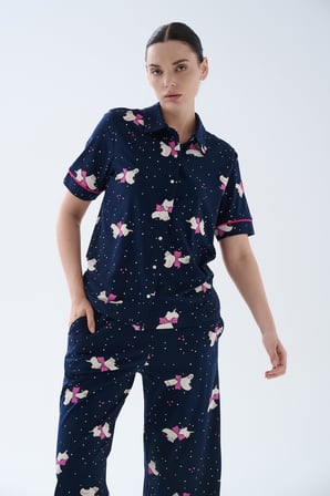 Kadın Pamuklu Kısa Kollu Gömlek Kapri Pijama Takımı