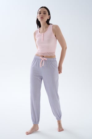 Kadın Pamuklu Kısa Kollu Uzun Pijama Takımı