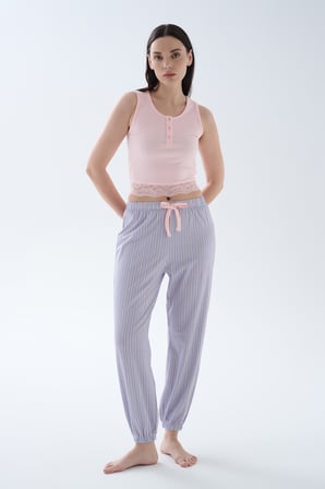 Kadın Pamuklu Kısa Kollu Uzun Pijama Takımı