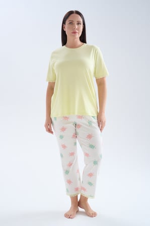 Kadın Plus Size Pamuklu Kısa Kollu Uzun Pijama Takımı