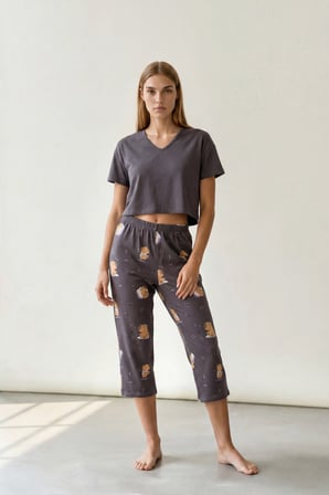 Kadın Pamuklu Kısa Kollu Crop Kapri Pijama Takımı