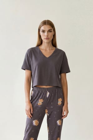 Kadın Pamuklu Kısa Kollu Crop Kapri Pijama Takımı