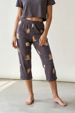 Kadın Pamuklu Kısa Kollu Crop Kapri Pijama Takımı
