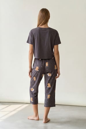 Kadın Pamuklu Kısa Kollu Crop Kapri Pijama Takımı