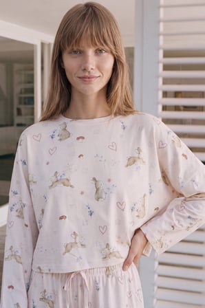 Kadın Pamuklu Uzun Kollu Crop Pijama Üstü