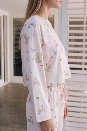 Kadın Pamuklu Uzun Kollu Crop Pijama Üstü