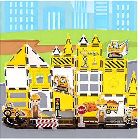 Manyetik Tiles Inşaat Şantiye Seti 47 Parça Manyetik Yapı Magnetic Bloklar